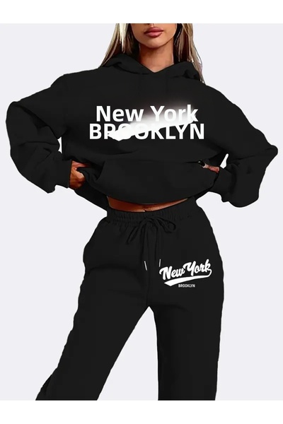 PERISENSE Set de trening pentru femei, negru, gri, cu glugă imprimată New Yor...