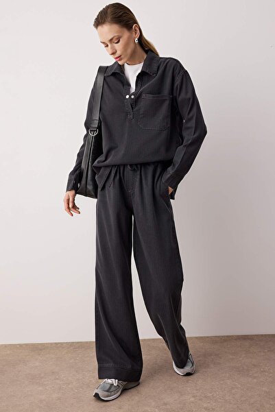 Trendyol Modest Black Linen Look Plain Woven Bottom - Top Set Tctaw26Us00079