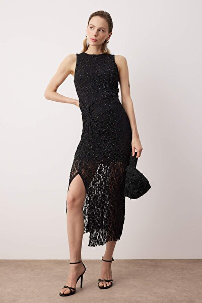 Trendyol Collection Rochie de petrecere maxi căptușită din tul Black Stone cu...