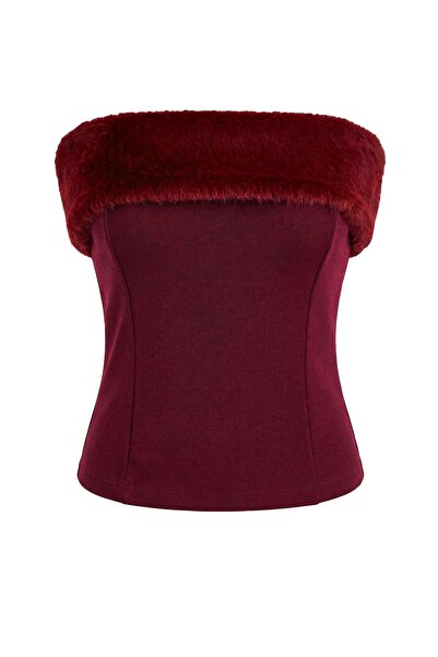 Trendyol Collection Black Fur Detailed Strapless Party Blouse Tprss26Bz00011