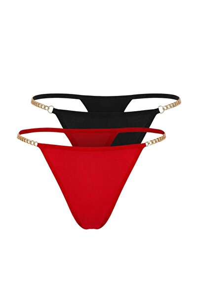 Trendyol Collection Black-Red 2-Piece Micro Chain Detailed String Panties Thm...