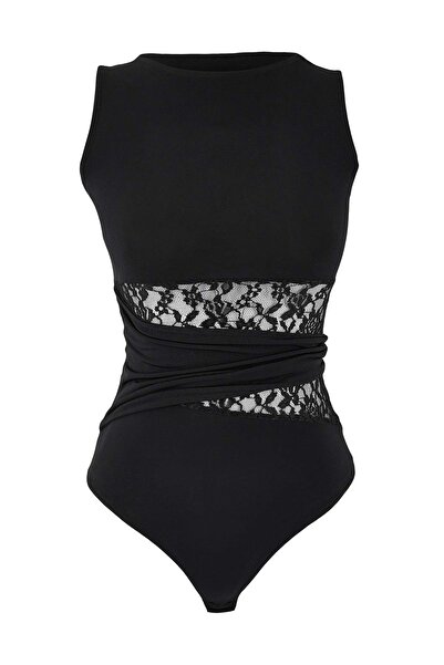 Trendyol Collection Чорний боді з прозорою в'язкою та мереживними деталями TP...