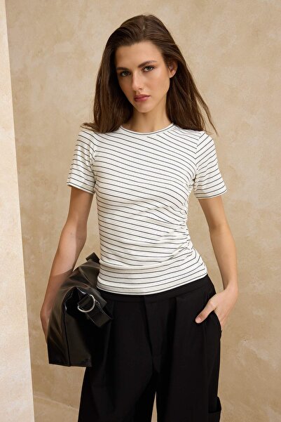 Trendyol Collection Ecru Striped Fitted/Bodycon Short Sleeve Shirred Premium ...