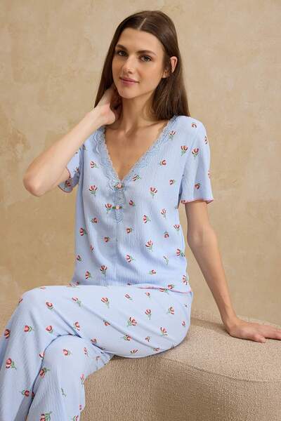 Trendyol Collection Blaues, mit Blumenmuster verziertes, detailliertes, struk...