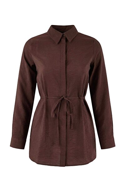 Trendyol Modest Brown Lilyum Soft Fabric Woven Shirt with Belt Detail at Wais...