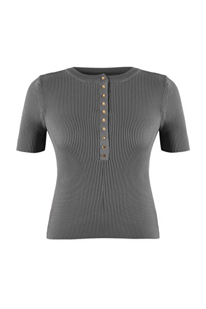 Trendyol Curve Wardrobe Essentials Gray Snap Detail Corded Fabric Knitwear Bl...