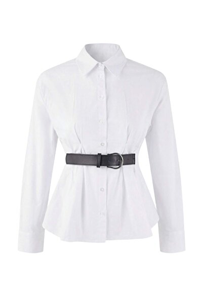Trendyol Collection White Faux Leather Belt Detailed Pleated Shirt Twoss26Go0...