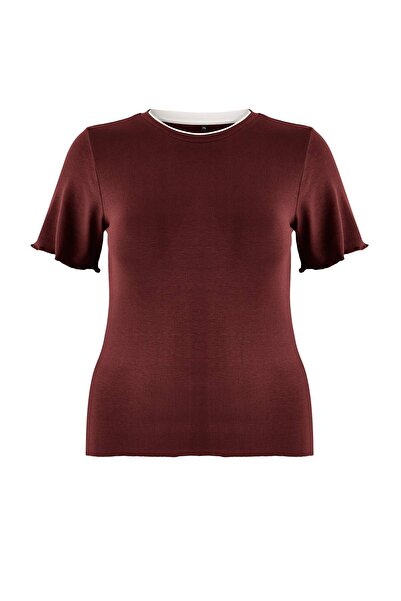 Trendyol Curve Καφέ Πλεκτή Μπλούζα με Μαλακά Πλήκτρα διακοσμητικό ρέλι Μεγάλο...