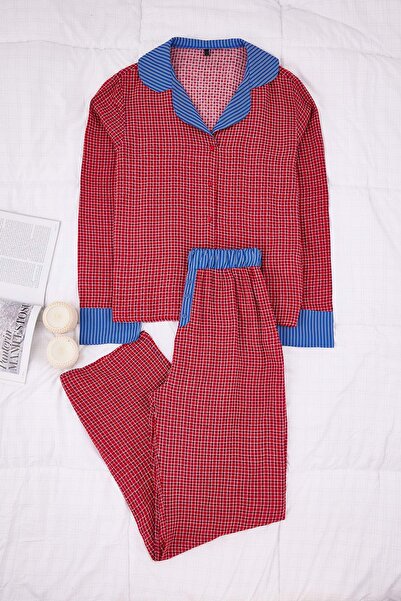 Trendyol Collection Rot-Mehrfarbig kariertes / kariertes Shally-Pyjama-Set TH...