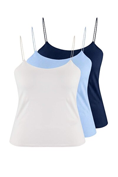 Trendyol Curve Navy Blue- Blue- Ecru 3-Pack Thin Strap Crop Plus Size Tank To...