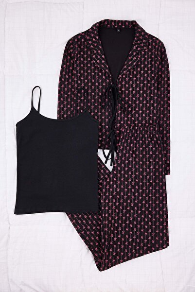 Trendyol Collection Schwarzes, bedrucktes, gebundenes Lycra-Pyjama-Set aus ge...