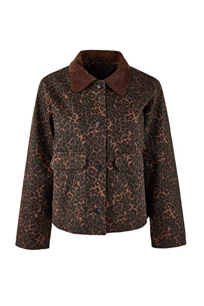 Trendyol Collection Multi-Colored-Brown Velvet Collar Detailed Gabardine Leop...