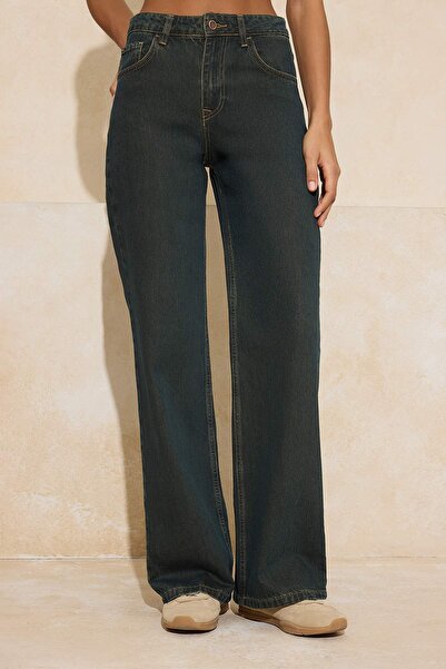 Συλλογή Trendyol Σκούρο Χακί Καφέ Ψηλόμεσο Τζιν με Φαρδιά Γραμμή/Φαρδιά Μπατζ...