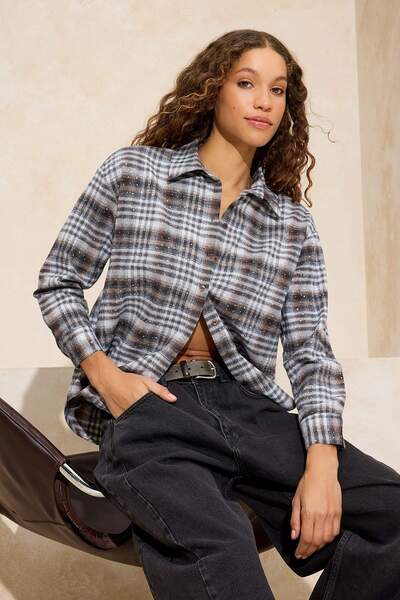 Trendyol Collection Brown-Multicolored Plaid Stone Printed Wide Fit Shirt Two...