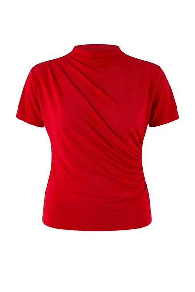 Trendyol Curve Red Mock Neck Shirred Sandy Knitted Plus Size Blouse Tbbaw26Af...