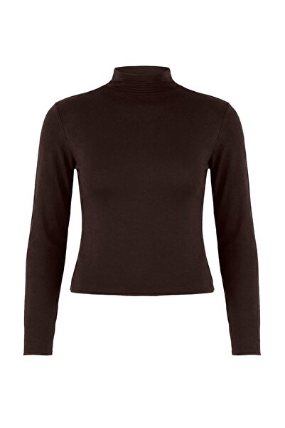 Trendyol Curve Brown Fake Tricot Mock Neck Transparent Ultra Light Knitted Pl...