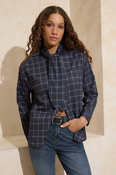 Trendyol Collection Blue-Multicolored Plaid Scarf Detailed Oversized /Wide Fi...