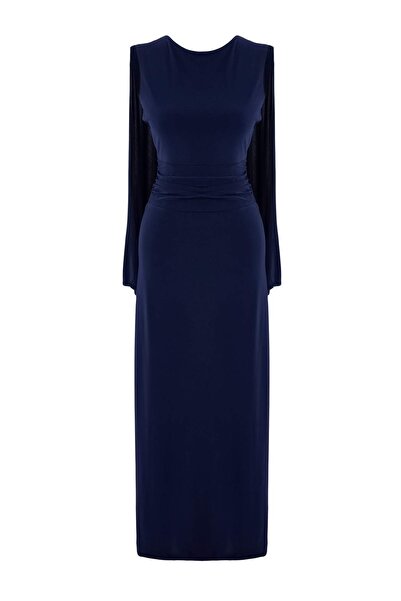 Trendyol Collection Navy Blue Plain Cape Detail Backless Maxi Evening Dress &...