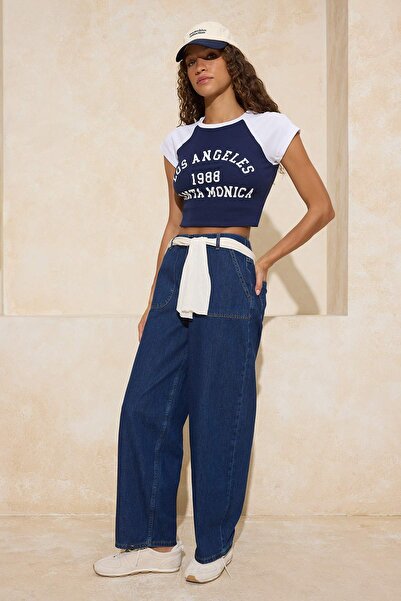 Trendyol Collection Dark Blue Elastic Waist High Waist Baggy Jeans Twoss26Je0...