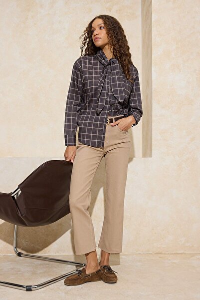 Trendyol Collection Camel High Waist Crop with Cut-Out Legs Flare Jeans Twoss...