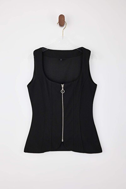 Trendyol Collection Black Fitted/Square Neck Zip-Up Sleeveless Scuba Crepe Kn...