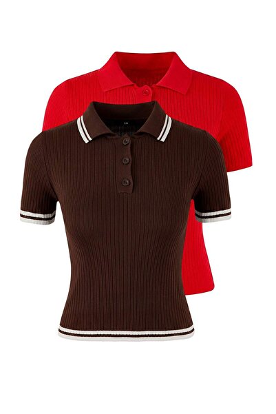 Trendyol Collection Brown-Red Basic Polo Neck Double Pack Knitwear Thin Blous...