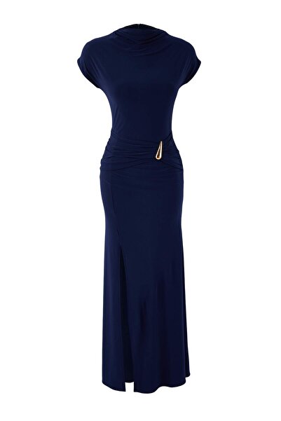 Trendyol Collection Navy Blue Plain Accessory Detailed Maxi Evening Dress & G...