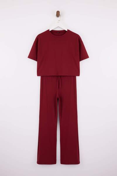 Trendyol Collection Burgundy Relaxed Low Arm Short Sleeve Pipe Leg Cotton Rib...