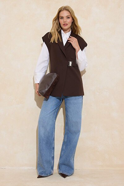 Trendyol Modest Brown Double-Breasted Woven Fabric Vest with Closed Buckle Ac...