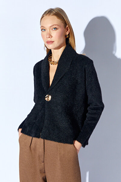 Manche Gold Buttoned Feathered Knit Cardigan - Black |   Mkw359857-01