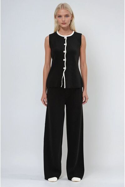 Lijuri Black Crew Neck Striped Detail Comfortable Knitwear Set 10295