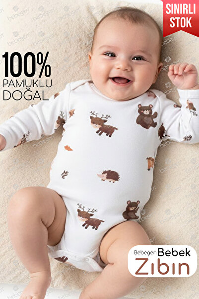 bebegen Unisex Ekru Kahve Ceylanlı Desenli Uzun Kol Body Zıbın