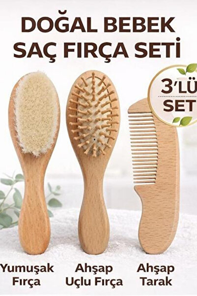 Miningaa Keçi Kıllı Bebek Fırça Ve Tarağı 3'lü Set Doğal Keçi Kıllı Fırça, Ah...