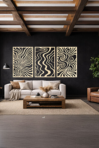 KEYWEL 3 Parça Modern Geometrik Ahşap Duvar Tablosu Seti – Dekoratif MDF Tablo