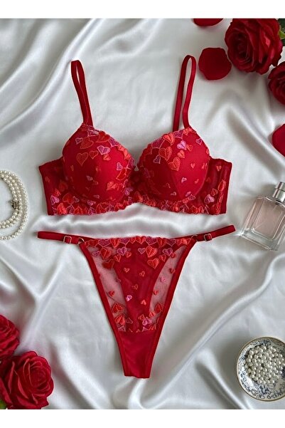 RUYAZ Dantelli Destekli Sevgililer Günü Özel Kadın Kırmızı Iç Çamaşır Takım D...