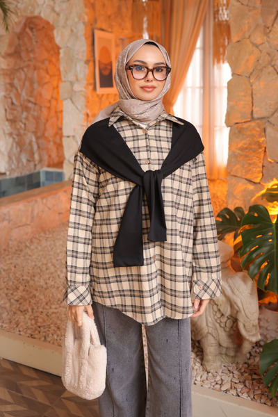 İmajButik Paneled Plaid Shirt with Beige Scarf Detail