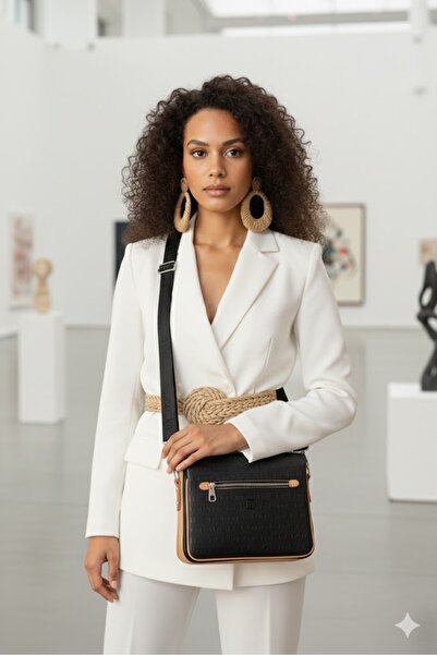 Just Polo حقيبة كتف نباتية نسائية منقوشة ومطبوعة Jp-4013-00 باللون الأسود الجملي