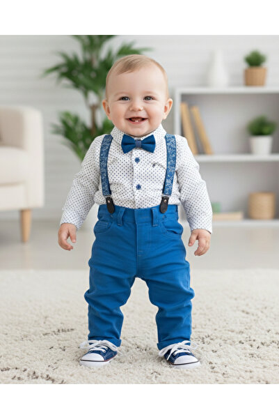 Ege Bebek طقم أطفال للأولاد الصغار مع ربطة عنق وقميص وسروال كتان وحمالات للرضع