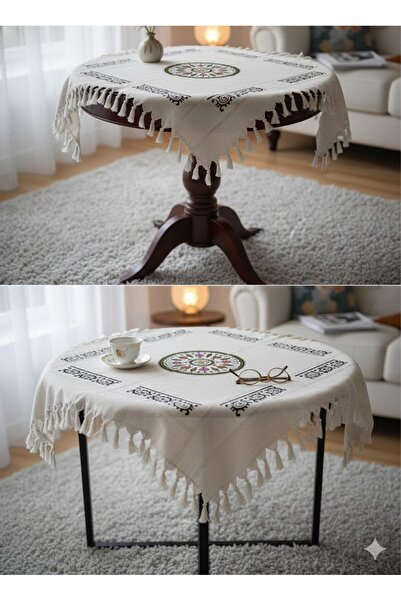 Milenam Otantik Desenli El İşi Tahta Baskılı Tokat İşi Kare Masa Örtüsü Runner