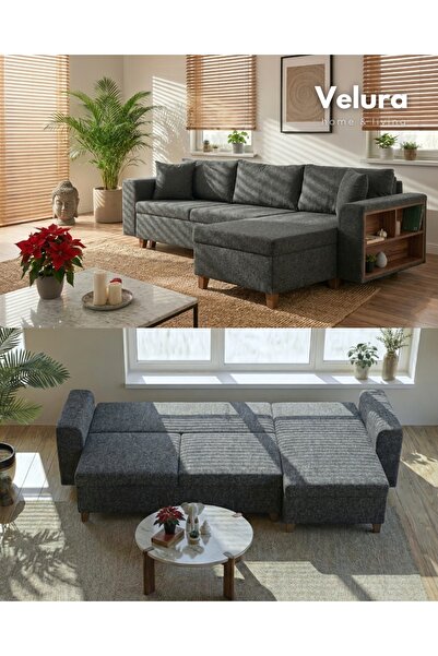 Velura Home & Living Rengar Köşe Takımı & Yataklı Bazalı Keten Kumaş Köşe Kol...