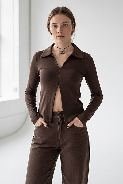 Madmext Brown Polo Neck Double Zipper Slim Fit Women's Body Mg2652