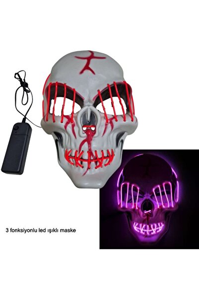 partidolu Kumandalı Pembe Renk Neon Led Işıklı Beyaz İskelet Maske 1 Adet hal...