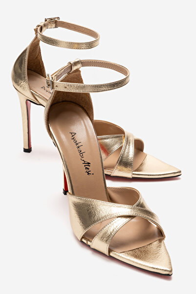 Ayakkabı Ateşi Women's Gold Crinkled Cross-Strapped Ankle-Strap Stiletto Heel...