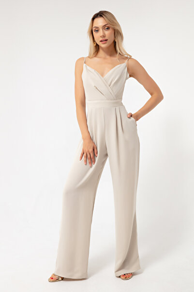 Lafaba Dámský béžový overal s dvojitým límcem a tenkými ramínky