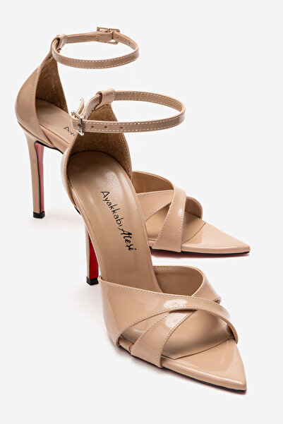 Ayakkabı Ateşi Women's Nude Patent Leather Cross-Strapped Ankle-Strap Stilett...