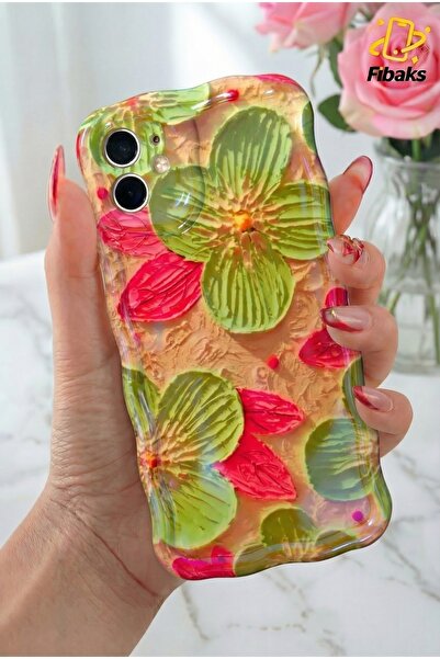 Fibaks iPhone 11 Kılıf Hologramlı Parlak Yeşil Çiçek Desenli Dalga Kenarlı Ka...