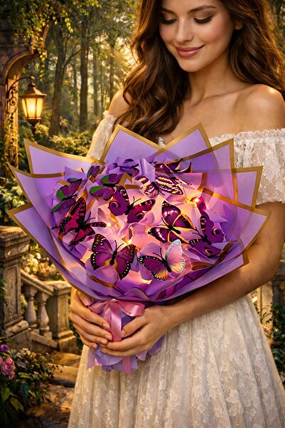 blackrosehediye Led Işıklı Mor Kelebek Buketi Çiçek Dogum Günü Hediye