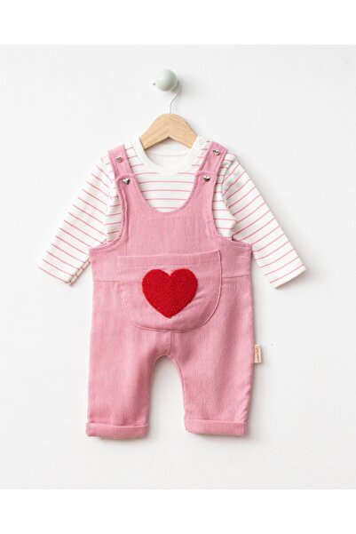 NUNU BABY Kalp Punch İşlemeli Salopet Takım - Pembe