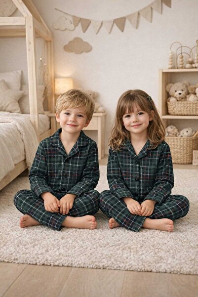 zahider Unisex Model Cotton Buttoned Suede Pajama Set for Girls and Boys