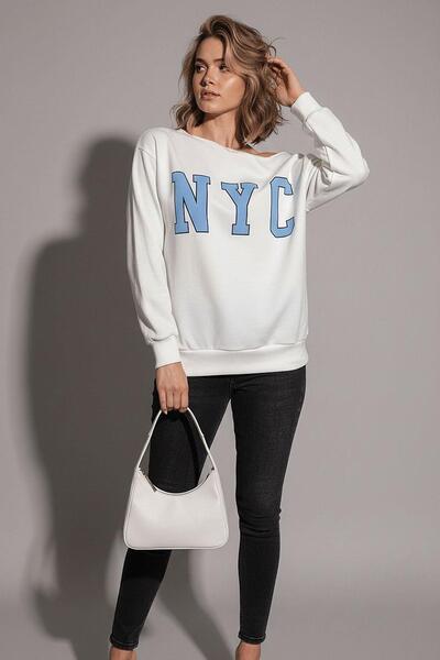 Seeh Γυναικείο φούτερ White Boat Neck Oversize με στάμπα SH204